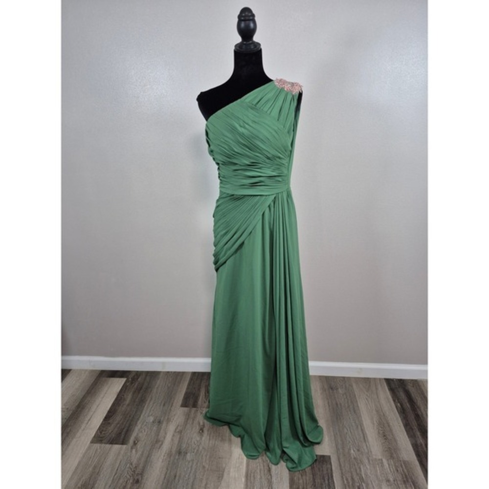Chiclody Womens One Shoulder Ruched Formal Gown Green Sequin Accent Size 4